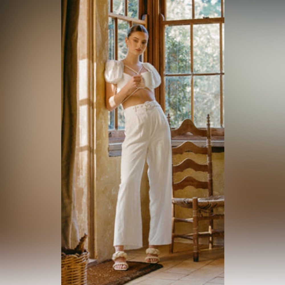 Cream high waisted high quality linen blend, wide legged trouser/pant